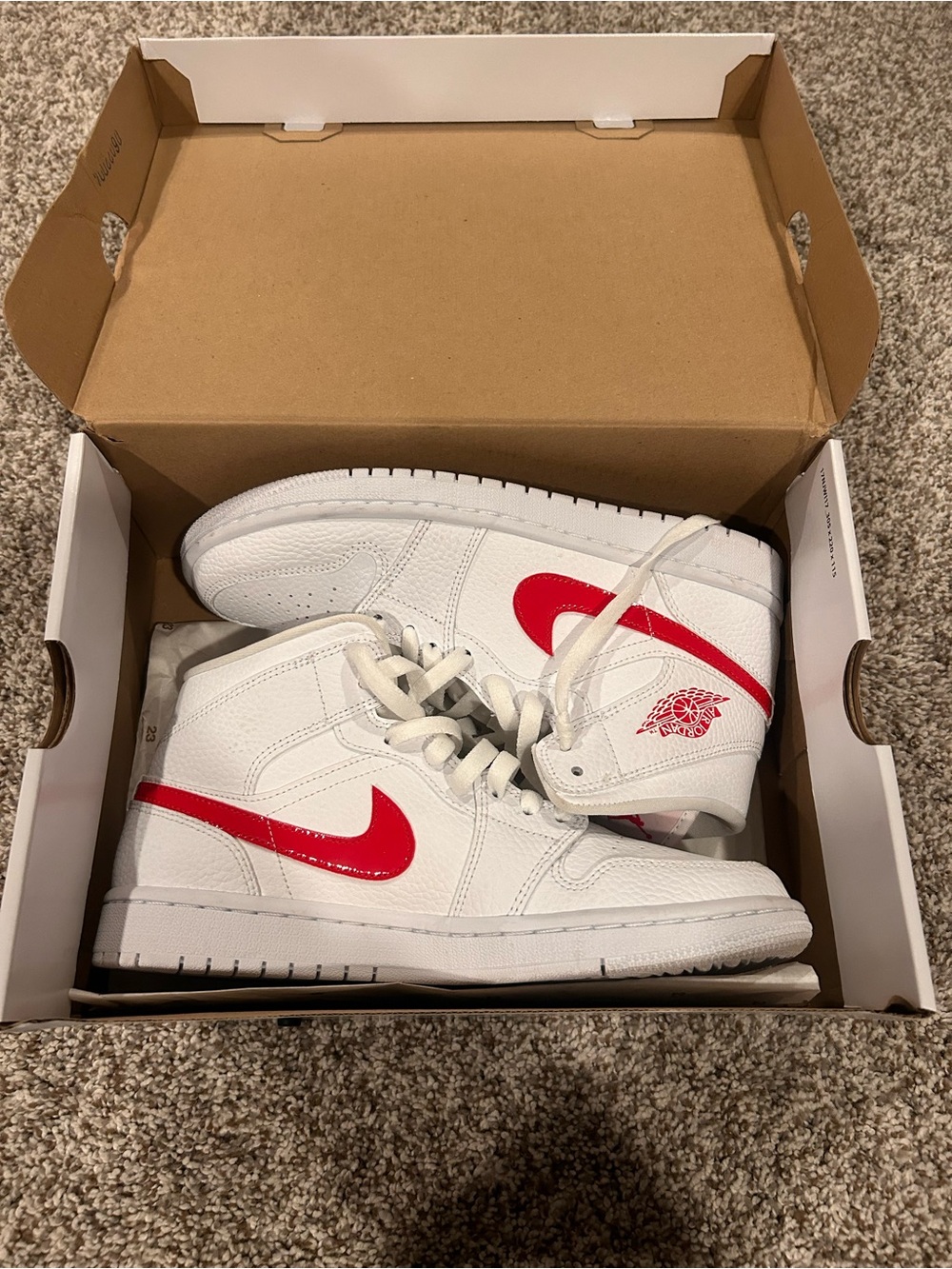 Nike White and Red Air Jordan 1 Mid Sneakers